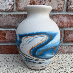 Nemadji Pottery Indian River Vase Blue Multicolor Swirl Design Made in USA VTG